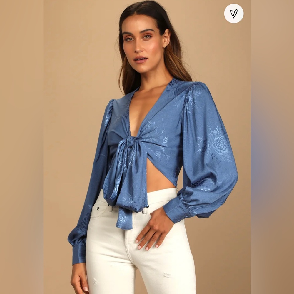 Highly Iconic Blue Satin Jacquard Tie-Front Crop Top